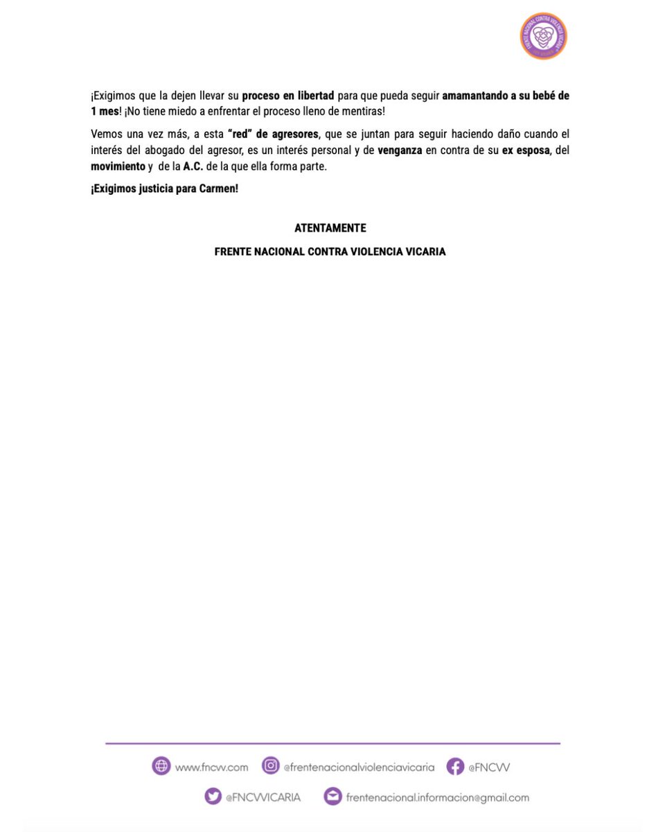 PRONUNCIAMIENTO URGENTE DIRIGIDO AL LIC. SERGIO A. GALÁN AGUILERA, PRESIDENTE DE LA <a href="/cidhpda/">CIDHPDA</a> DGO Y A LA @cedhdurango PARA SOLICITAR AYUDA EN EL CASO DE CARMEN “N” 

¡Exigimos qué Carmen pueda llevar su proceso en libertad! 

#NOMásViolenciavicaria
#ConLasInfanciasNo
#leyvicaria