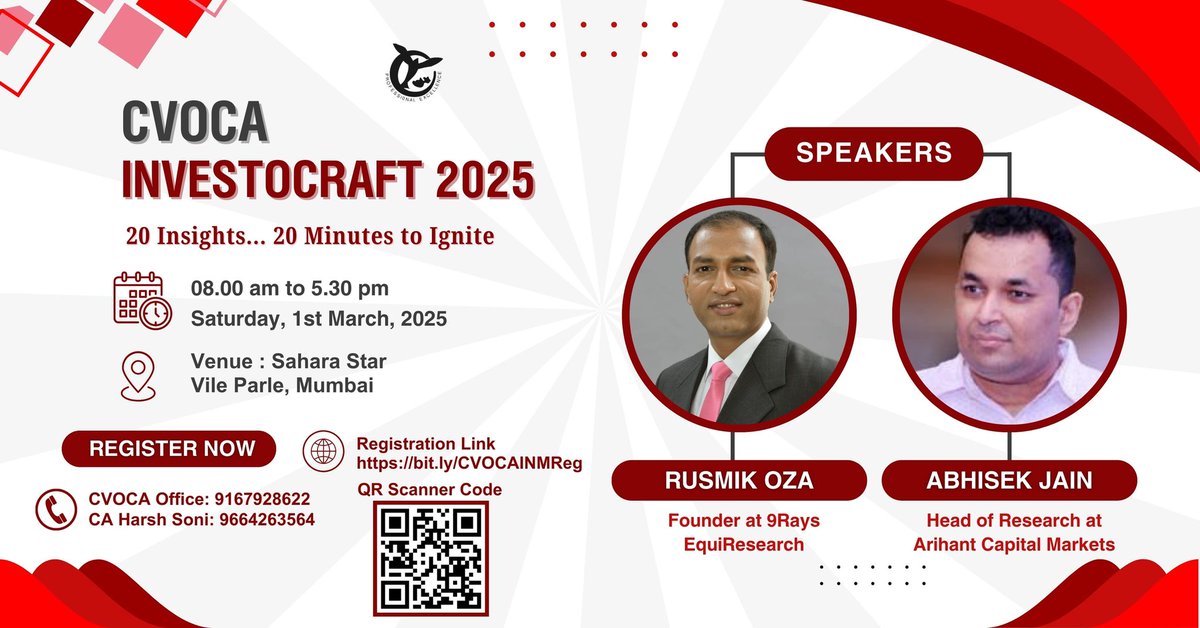 cvocain's tweet photo. 🚀 CVOCA Investocraft 25-Ignite Your Financial Journey!🔥

Mark your calendars for Sunday,1 Mar 2025,as we bring to you CVOCA Investocraft 25,a powerhouse event featuring 20 insights in 20 minutes each to spark your financial growth &amp; investment acumen!
@OzaRusmik @abhishekcjain https://t.co/hofJ6kXErw