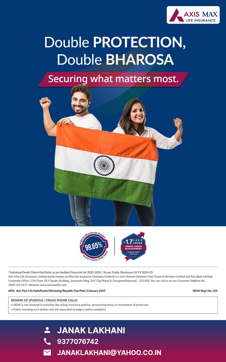 LakhaniJanak's tweet image. Celebrate Republic Day by securing your family with double protection and double bharosa. #LifeInsurance #DoubleProtection #DoubleBharosa #BharoseKaAdvisor
 web-link.co/apg54