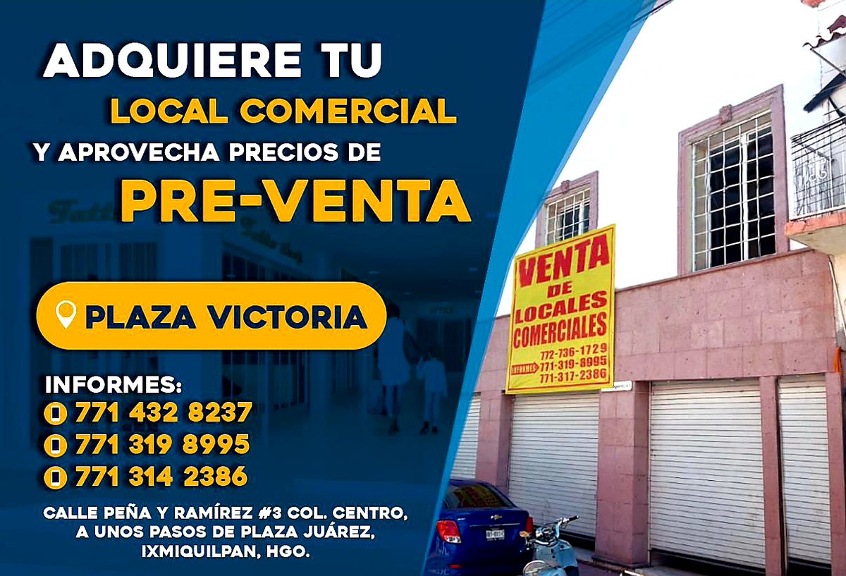 gopartyclub's tweet photo. El mejor centro comercial de #Ixmiquilpan #Hidalgo

"PLAZA VICTORIA"

¡Adquire tú  local comercial y aprovecha excelentes precios de PRE-VENTA!

Contamos con estacionamiento para tus clientes. 

Visítanos:
En Calle Peña y Ramírez No.3 Col. Centro https://t.co/vUoL3VchrL