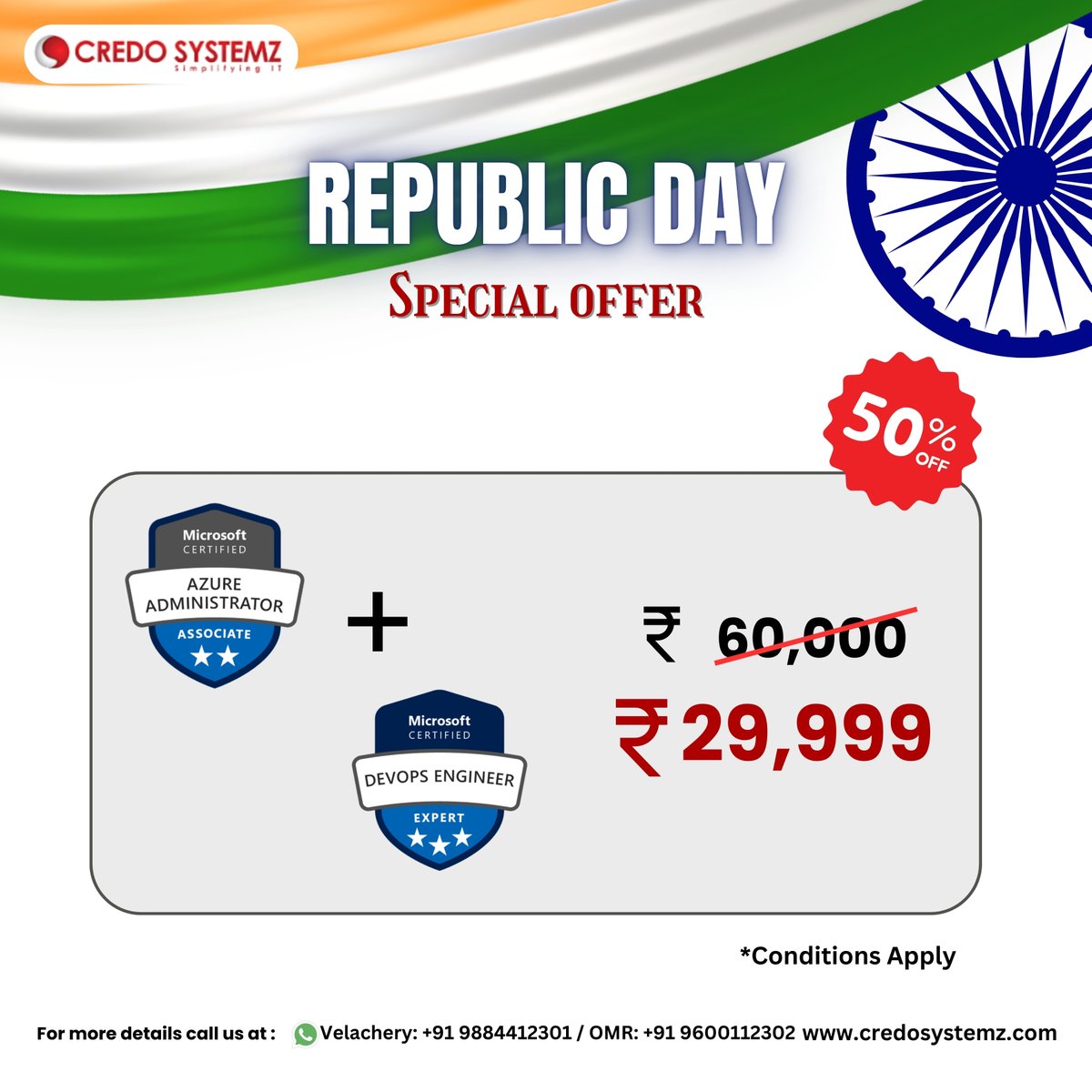 credosystemz's tweet image. 𝗥𝗲𝗽𝘂𝗯𝗹𝗶𝗰 𝗗𝗮𝘆 𝗦𝗽𝗲𝗰𝗶𝗮𝗹 𝗢𝗳𝗳𝗲𝗿 

    Azure Courses 50% Off

🕒 Limited-time offer ends on Republic Day!

📞 Call us now at +9884412301 to get started.

#RepublicDayOffer #Azure #AzureDeveloper #AzureDevOps #AzureEngineer #AzureAdmin