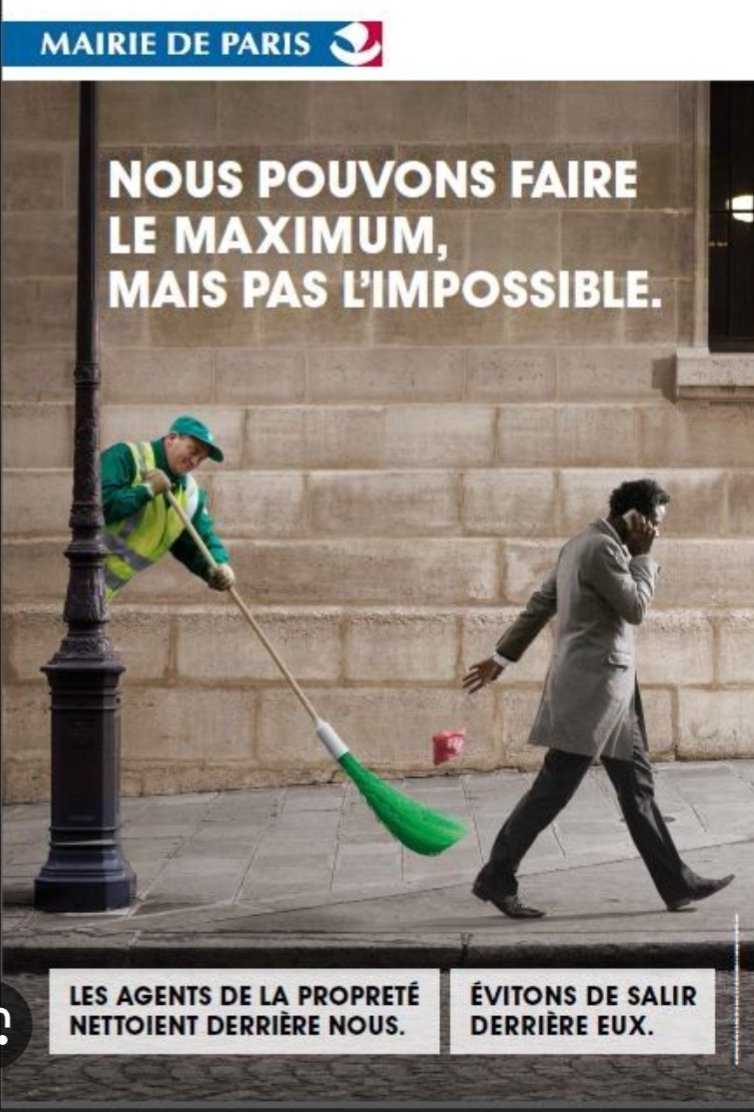 Énième campagne de sensibilisation à la propreté. 

À Paris, la prévention ça coûte cher, ça ne rapporte rien et ça ne fonctionne pas. 

Il faut verbaliser. 

Traquer sans relâche et sans tolérance, tous les jours, toute l'année 

Il n'y a que ça qui fonctionnera

#saccageparis