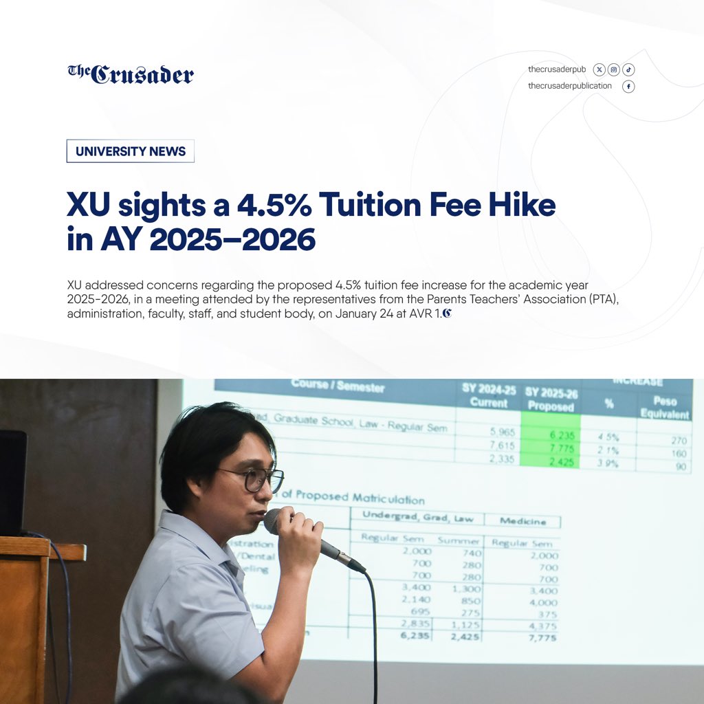 thecrusaderpub's tweet photo. XU sights 4.5% Tuition Fee Hike in AY 2025–2026

Read more: https://t.co/TG1PmCQCf9

Report by Joash Gabriel Nalitan 
Design by Noah Lim Locsin https://t.co/WTRBBPUq7q