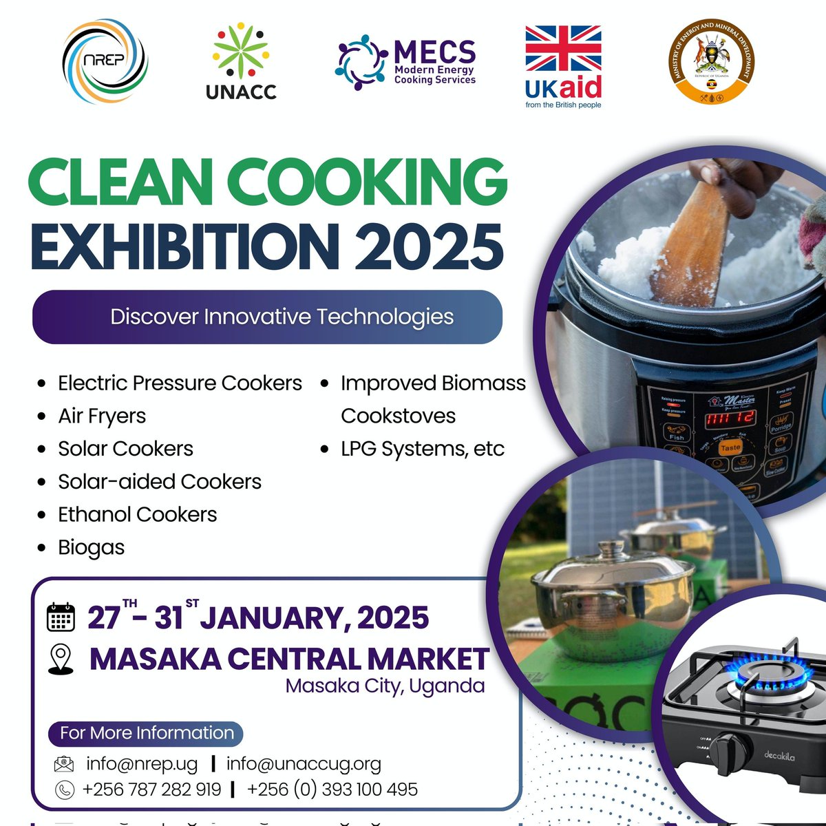 JonathanBukeny3's tweet photo. Discover sustainable cooking solutions at the Clean Cooking Exhibition 2025! Join us from 27th–31st Jan at Masaka Central Market to explore technologies like electric cookers, solar-aided cookers, biogas, and more.
#CleanCooking2025 #SustainableEnergy #MasakaCity #ClimateAction https://t.co/BBk6RqgZhE