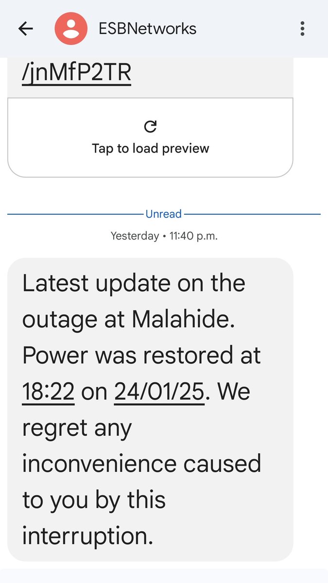 Distressed_mama's tweet photo. @ESBNetworks our power went in Portmarnock yesterday at 9am &amp; I receive a text at 11.40pm last night to say it was restored at 6.22pm. It was momentarily restored at 6.22pm for 5 mins. I note you've reset the clock on outage. To be clear, without power (&amp; heat) for  21hrs... https://t.co/WDspxEfCmp