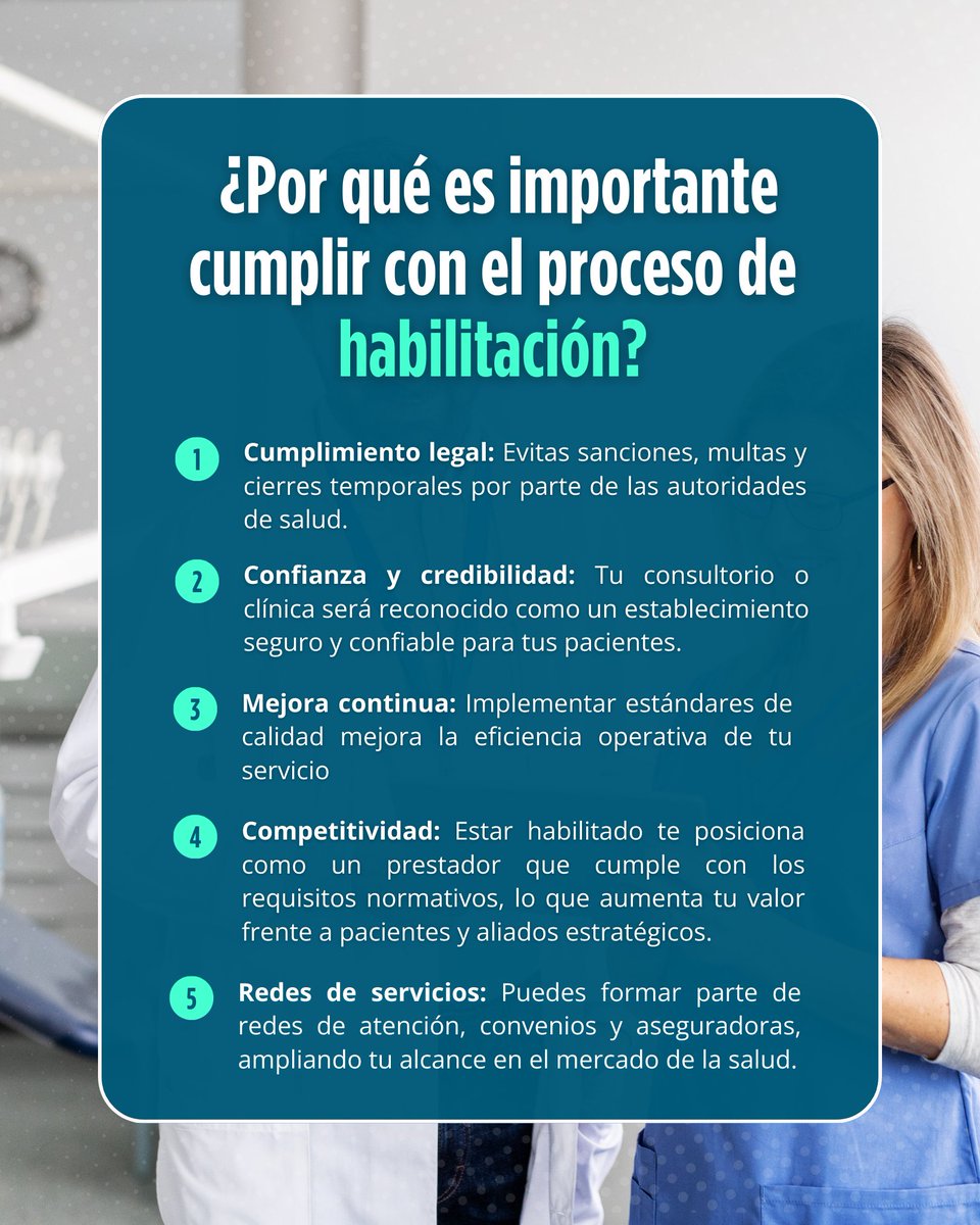 GESTIONESSALUD's tweet photo. ✨ Cumplir con la #HabilitaciónEnSalud garantiza:
✔️ Cumplimiento legal
✔️ Mayor credibilidad
✔️ Eficiencia operativa
✔️ Competitividad
✔️ Acceso a redes de atención
💡 Te ayudamos a implementarla y facilitar inspecciones. https://t.co/bOZiHaYpDw 

 #SomosGESA #CalidadYSeguridad https://t.co/MUVrdlUTtN