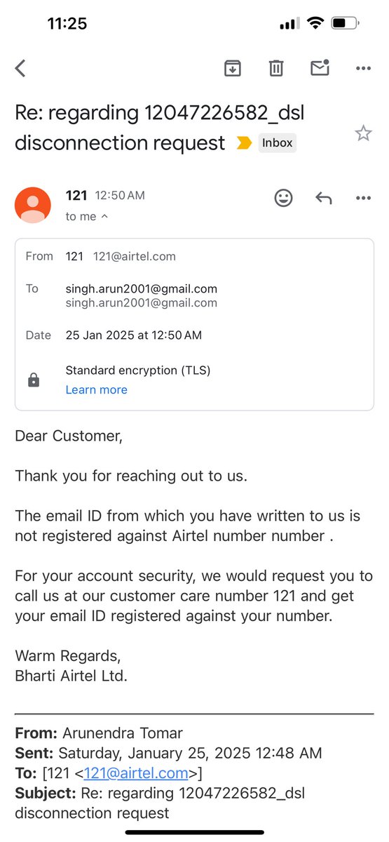 SinghArun2001's tweet photo. When i sent emails with registered e-mail id to shut off , I got above mentioned reply. How difficult is to close Airtel connection. Bill cycle keep updating on time . Not sure what to do now . They are not listening at all . Any suggestions. https://t.co/F2ZbFElWnw