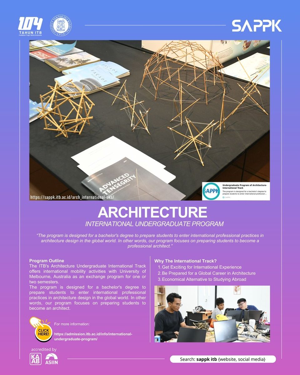 OFFICIAL_SAPPK's tweet image. JI SAPPK (Arsitektur dan PWK)  Ayo daftar dan jadilah bagian dari SAPPK ITB program Jalur Internasional Tahun 2025!  

Informasi pendaftaran: admission.itb.ac.id/info/info-pend… 

#iup #jalurinternasional #programstudi #arsitektur #pwk #sappk #itb #2025 #futuretogther #beyondboundaries