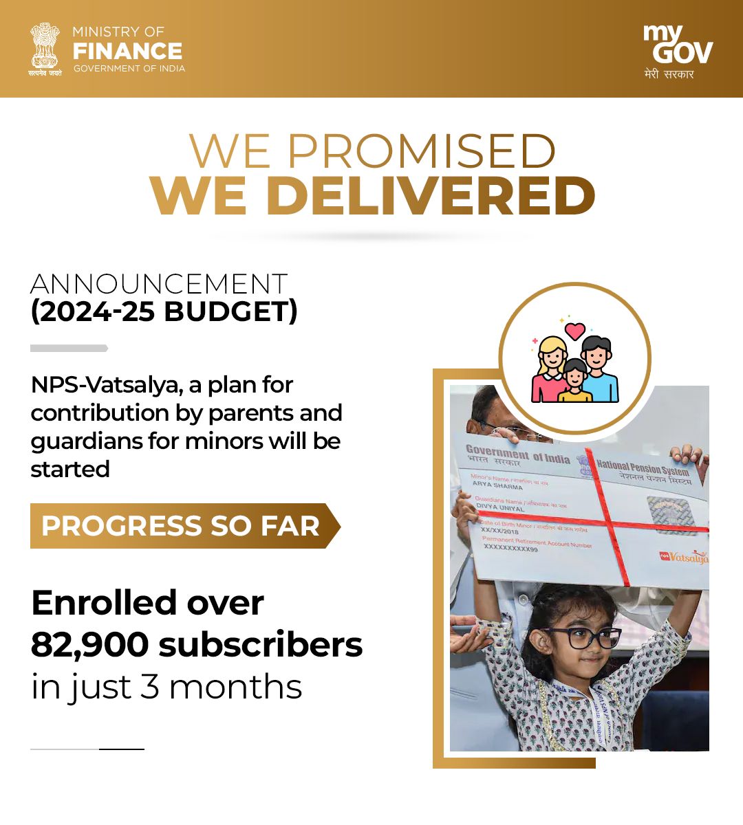 mygovindia's tweet photo. The NPS-Vatsalya scheme, launched in the 2024-25 Budget, allows parents to contribute to their children's future.
In just three months, over 82,900 subscribers have signed up, ensuring a bright and secure financial future for minors across India
#WePromisedWeDelivered
#BudgetForViksitBharat
#NPSVatsalyaScheme
@FinMinIndia