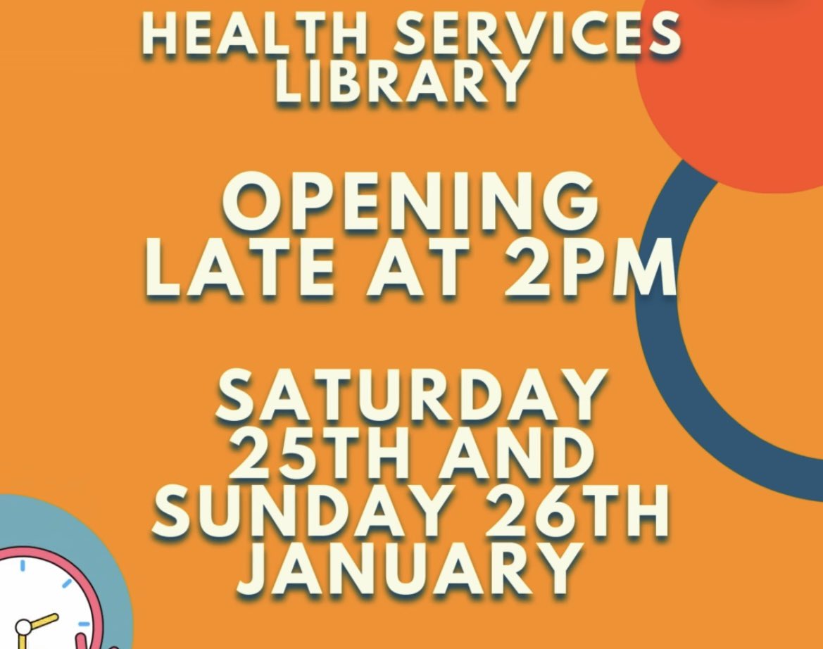 Health Services Library, Southampton (@hslib) on Twitter photo Due to staff sickness we will be opening at 2pm on the 25th and 26th January. We will be closing at 8pm as usual.
Please accept our apologies for any inconvenience this may cause.
<a href="/UHSFT/">University Hospital Southampton 💙</a> <a href="/UoS_Medicine/">Southampton Medicine</a> Due to staff sickness we will be opening at 2pm on the 25th and 26th January. We will be closing at 8pm as usual.
Please accept our apologies for any inconvenience this may cause.
<a href="/UHSFT/">University Hospital Southampton 💙</a> <a href="/UoS_Medicine/">Southampton Medicine</a>