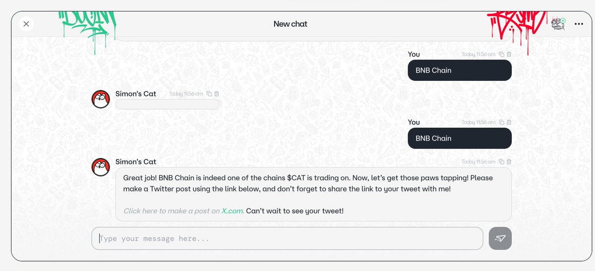 SimonsCatMeme's tweet photo. We're excited to announce that $BADAI airdrop claims for $CAT holders will be processed through a unique SBT-claiming mechanism. 

This process was implemented to make it possible for holders to receive a bigger airdrop proportionate to their holdings.

Here's a guide on how you can claim the SBT:

#1: Go here: https://t.co/VXuOHHZCJS

#2: Connect and sign the eligible wallet in which you were holding $CAT

List of eligible wallets: https://t.co/yfXFuMXeII

#3: Click "Chat" here to chat with Simon's Cat AI agent on BADAI platform.

#4: Instruct the agent saying: "I want to claim my airdrop"

#5: Upon asking this, you'll need to answer a simple question about Simon's Cat to proceed further:

#6: After successfully answering, the AI agent will request you to compose a tweet about the airdrop. Create a tweet featuring $CAT and $BADAI, then copy and paste the tweet link to proceed:

#7: After you have sent the tweet, CAT AI agent will automatically send SBT to your wallet.

Once you receive your SBT, simply hold it along with your $CAT in the wallet on the airdrop date to get your $BADAI airdrop.

Only those holding the SBT and $CAT (as they were during the snapshot) will be eligible for the airdrop allocation.

Note: As the BAD AI platform is still under development, if you receive any blank messages while interacting with the CAT AI agent, simply copy and paste the message again to get a response.
