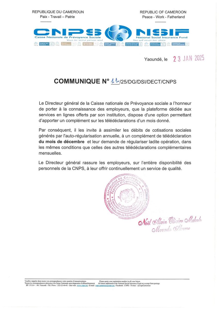 CnpsCameroun's tweet photo. Communiqué N°11 relatif à la nouvelle option de complément de Télédeclaration disponible sur la Plateforme dédiée aux services en lignes.

#Teledeclaration  
#ServicesEnLigne   
#OptionComplémentaire   
#DéclarationEnLigne   
#CNPS
#vousneserezjamaisseul https://t.co/oxHiGj1fzz