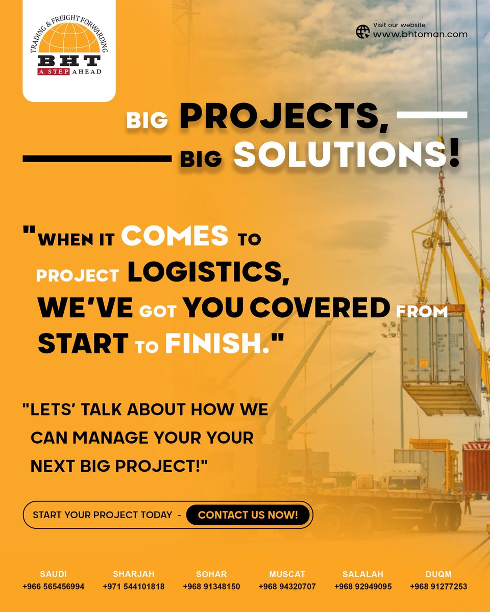 bht_oman's tweet image. We handle your big projects with precision and care, from industrial equipment to seamless logistics. Let us do the heavy lifting!

Ready to start? Contact us today!

#ProjectLogistics #BigSolutions #SeamlessDelivery #CargoExperts #HeavyLift