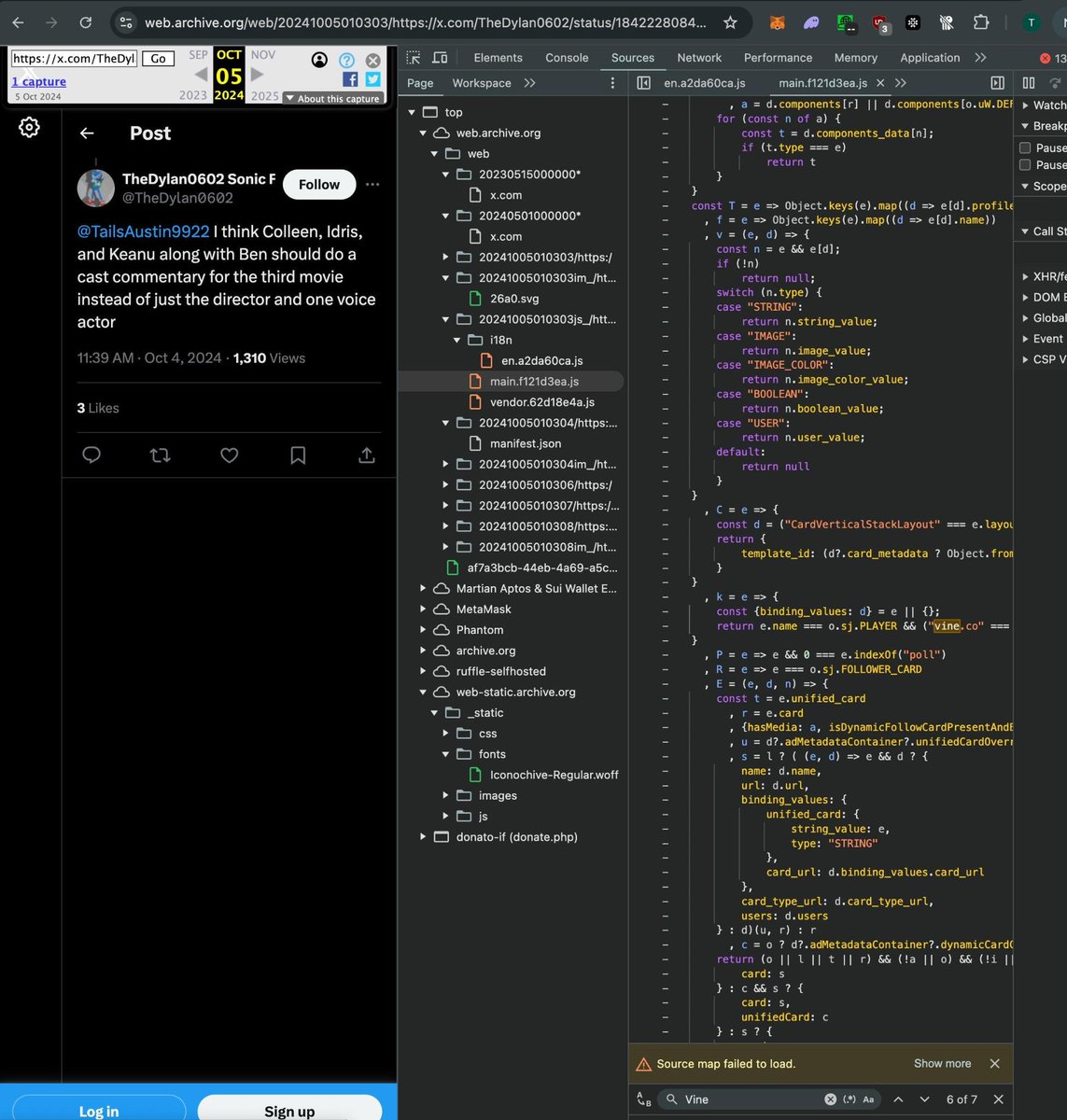 thisburpo's tweet photo. You can check any random Tweet on web archive with previous dates, like Oct 5 2024, and see "vine" littered in the frontend

Believe this is just legacy code that got moved around in wider changes and pretty misleading for $VINE

https://t.co/2xTmXEVVeA https://t.co/zN5XQjQyUs