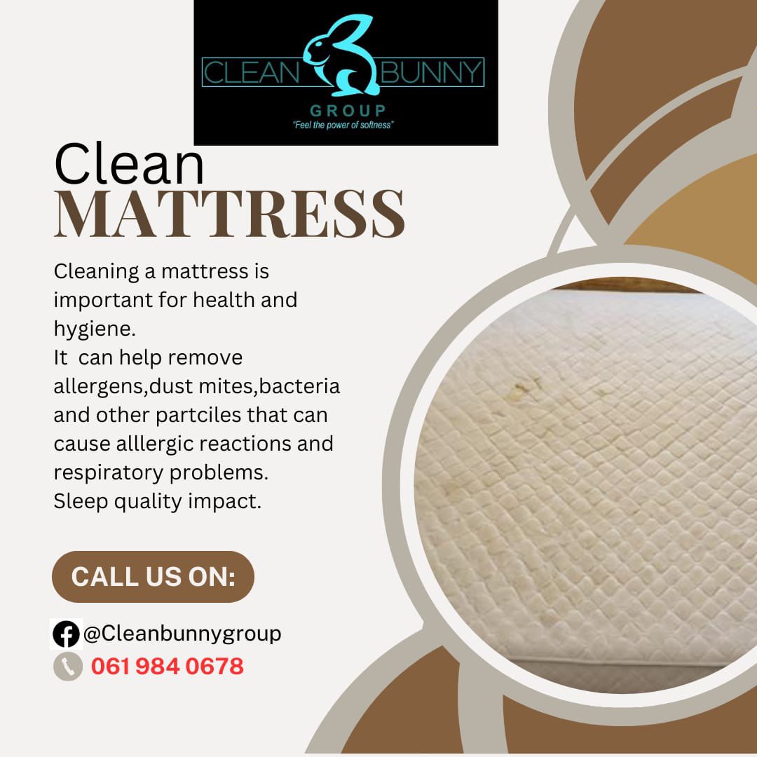 CleanbunnyGroup's tweet photo. Let your mattress worries be the least of your  concerns this https://t.co/8s5TDCxw0O Cleanbunny Group to take care of it for you!

*Mattress cleaning services 

☎️061 984 0678 
#cleanbunnygroup #thepowerofsoftness #professionalcleaning https://t.co/X4frTRvvky
