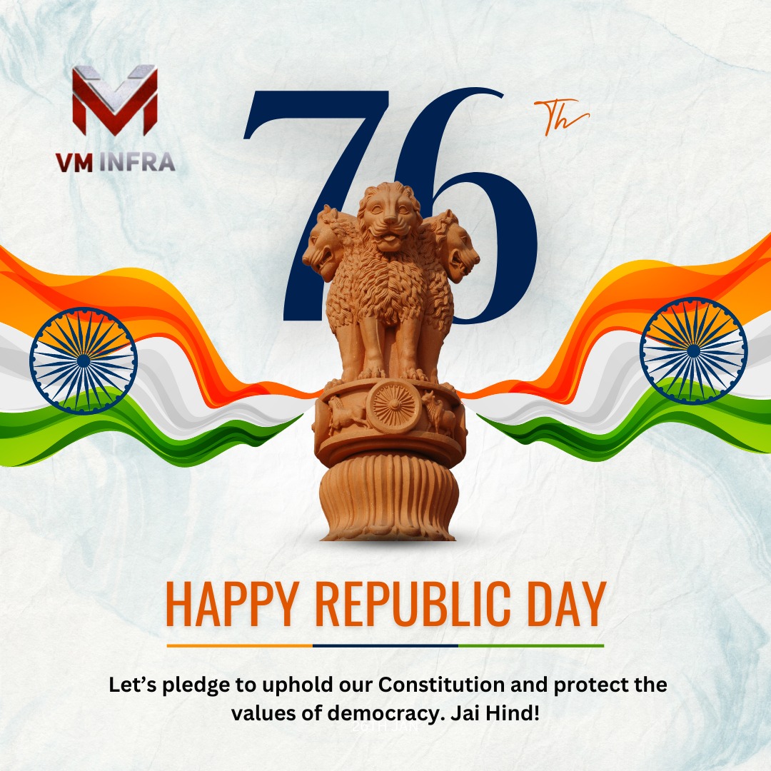 infra_vm's tweet photo. "VM Infra wishes everyone a very Happy Republic Day! Let’s celebrate the spirit of unity, freedom, and progress as we honor the values of our great nation. Proud to be Indian. Jai Hind!" Visit Us : https://t.co/QW2sS0vOAX   #HappyRepublicDay #RepublicDay2025 #VMInfra https://t.co/E90hIFVlUM