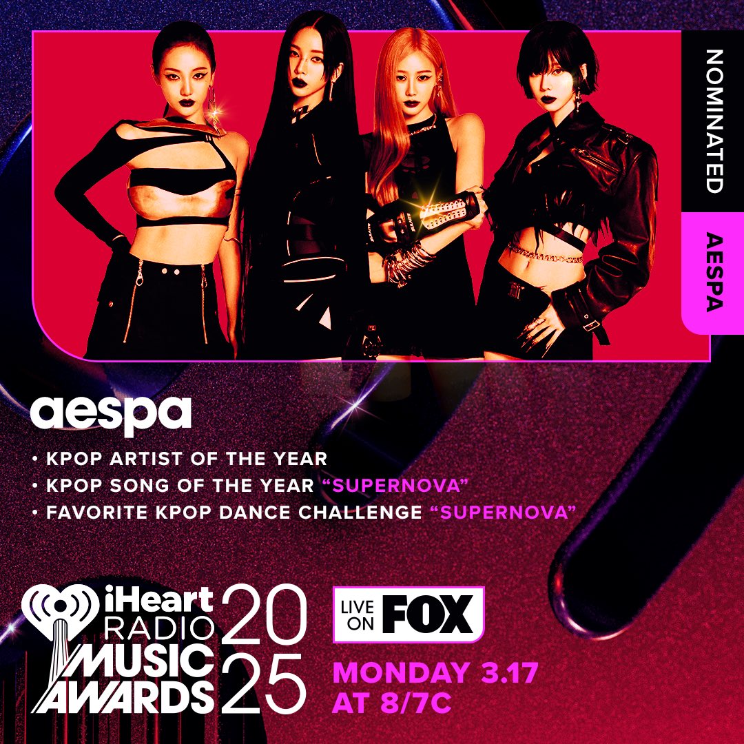 Thank you MYs and iHeartRadio for the nominations! We’re beyond grateful for the support 🖤🩶 

Make sure to vote here 🗳️
iheart.com/music-awards/#… 

#aespa #æspa #에스파
#iHeartAwards