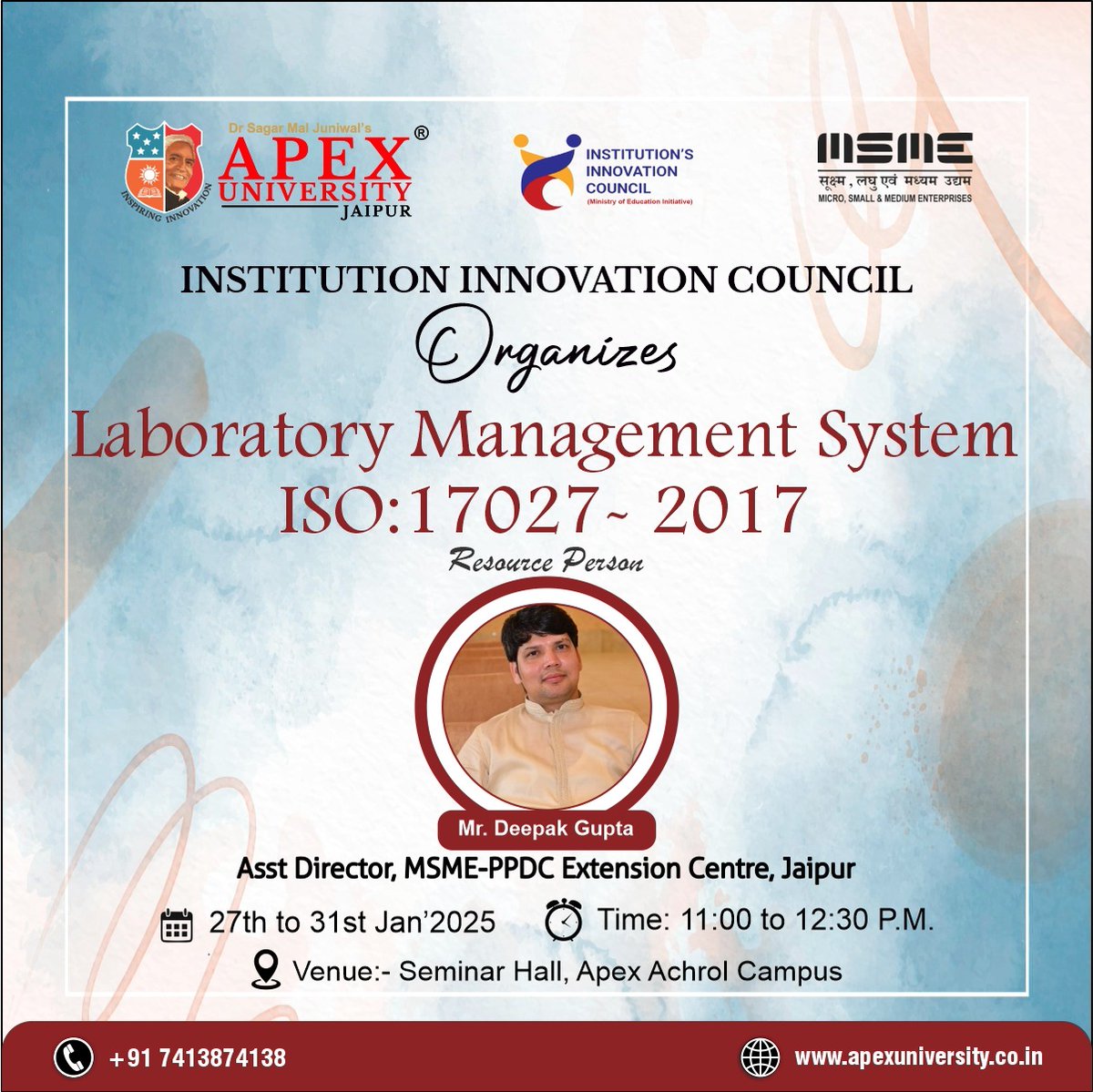 #ApexUniversity's Institution #InnovationCouncil is offering a 5-day training program on Laboratory Management Systems from Jan 27 - 31, 2025
Expert, led by Mr. Deepak Gupta, will guide participants through #ISOStandards &amp; practical skills, enhancing their #LaboratoryManagement