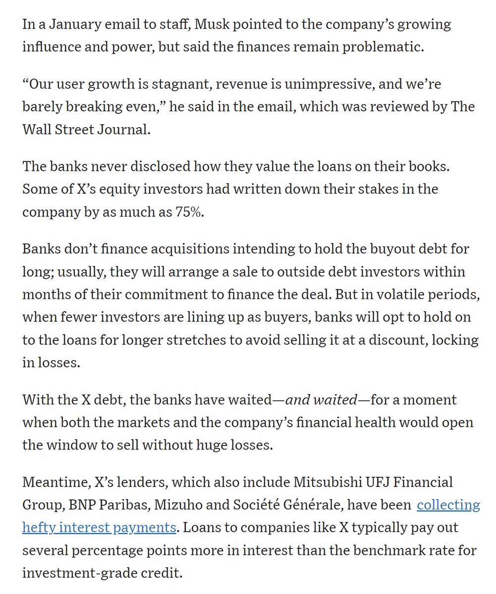 Morgan S has contacted investors ahead of a planned sale of up to $3bn of debt they and others such as Bank of America &amp; Barclays lent to EM to complete his Twitter buyout. The banks hope to sell senior debt @  90-95c on the $, retaining more jr holdings

archive.md/hiccx