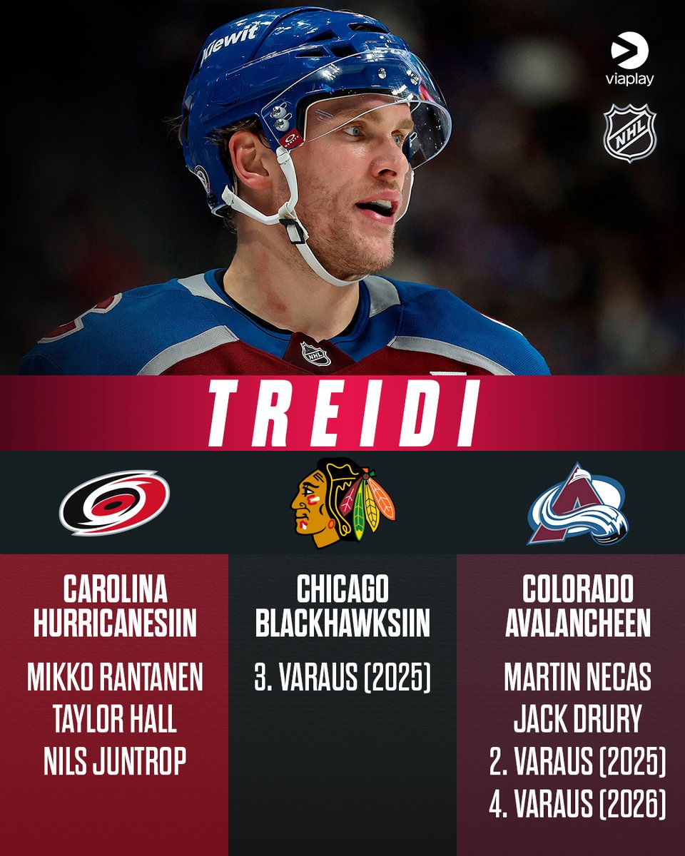 ViaplayUrheilu's tweet photo. ‼️ MEGATREIDI ‼️

Mikko Rantanen ja Taylor Hall matkaavat Carolinaan ja paluupostissa Martin Necas sekä Jack Drury suuntaavat Coloradoon. ↔️😲

Kolmen joukkueen kaupassa liikkuivat myös Nils Juntrop sekä varausvuoroja.

#NHLfi https://t.co/34X8WfF56C
