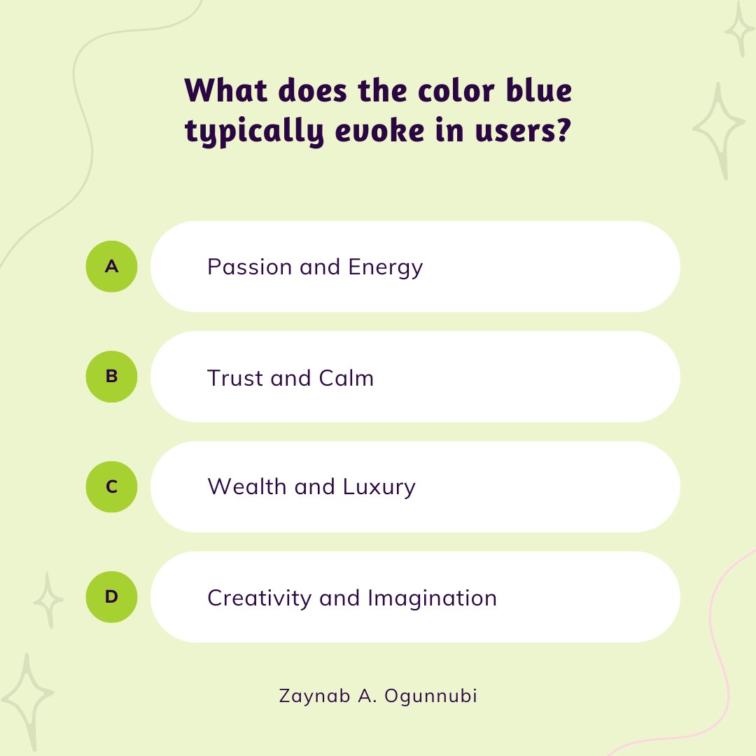 slimfit_zee's tweet photo. 𝗤𝗨𝗜𝗭 𝗧𝗜𝗠𝗘 🧠:
What emotion does the color blue typically evoke in users? 🔵
Hint: It’s often used by banks and tech companies for a reason. Drop your answers below! 👇
#ux #design #UXDesign #QUIZ #trivia #DesignChallenge #color #UserExperience #Psychology #colortheory https://t.co/aJqAaxDZnw