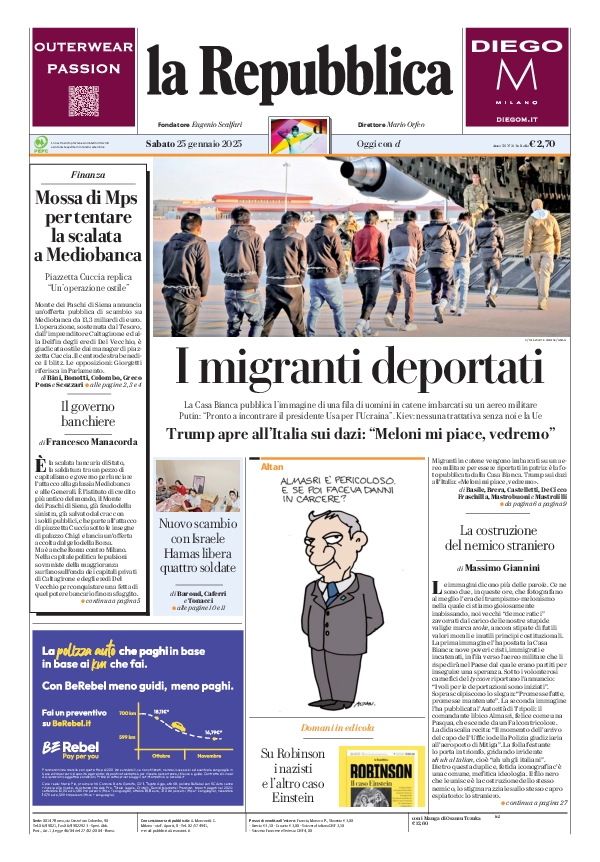 repubblica's tweet image. La prima pagina di oggi #25january larep.it/primapagina 📰