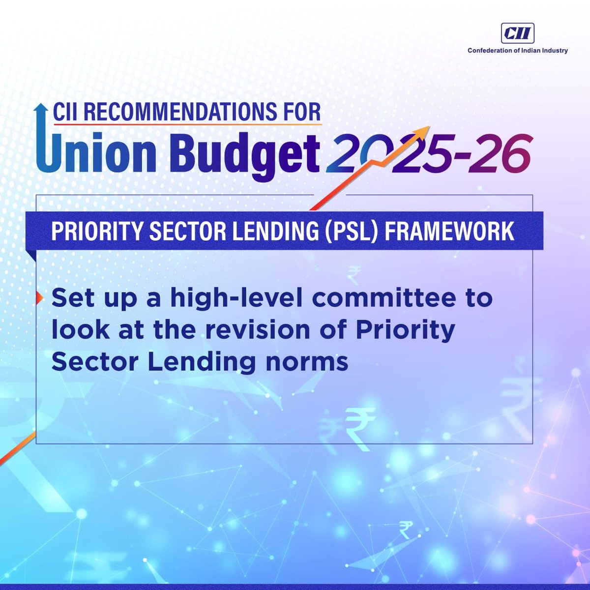 FollowCII's tweet photo. To ensure that key sectors receive adequate financial support the PSL framework requires regular recalibration.
#CIIRecommends setting up a high-level committee to look at the revision of Priority Sector Lending norms.
#CII4Budget #CII4Budget2025 #UnionBudget2025 #Budget2025 #CIIRecommendations #CIIrecommends #GVCs #BudgetForViksitBharat @nsitharamanoffc @FinMinIndia @CIIEcoPol