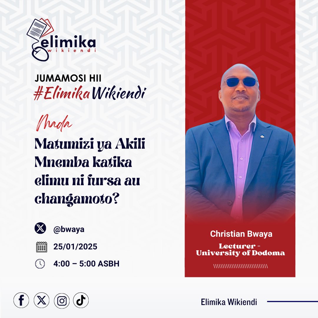 bwaya's tweet photo. 1)

Mjadala wa nafasi ya #AkiliMnembe katika elimu, kwa sasa una sura mbili kubwa. Kwanza, tishio la kweli kweli kwa mamlaka (ukuu) wa mwalimu katika ujifunzaji hasa kwa elimu ya juu.

Kwa kasi hii ya ukuaji wa teknolojia, kwa mfano, hatujui ujifunzaji utakuwaje kesho. Je, mwalimu atabaki na kazi ipi na kipi mwanafunzi anaweza kukifanya mwenyewe bila msaada wa mwalimu.

Katika mazingira ambayo mwalimu anajichukulia kuwa mmiliki wa taarifa na maarifa asiyehojiwa na mwanafunzi, #AkiliMnembe inahatarisha umuhimu wetu sisi walimu. 
#ElimikaWikiendi