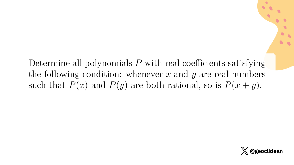 geoclidean's tweet photo. Addition respects rationality in polynomials
#Polynomials #Algebra #RationalNumber #RMMShortlist #Polynomial https://t.co/tb627BvkeN