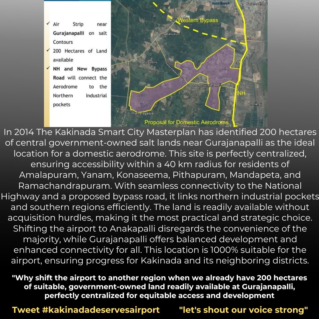 Why shift the airport elsewhere when 200 hectares(1200 acres approx)of suitable, government-owned land is ready at Gurajanapalli? Perfectly centralized, hassle-free, and within 40 km for Amalapuram, Yanam, Konaseema, Pithapuram, and Mandapeta regions.
  #kakinadadeservesairport