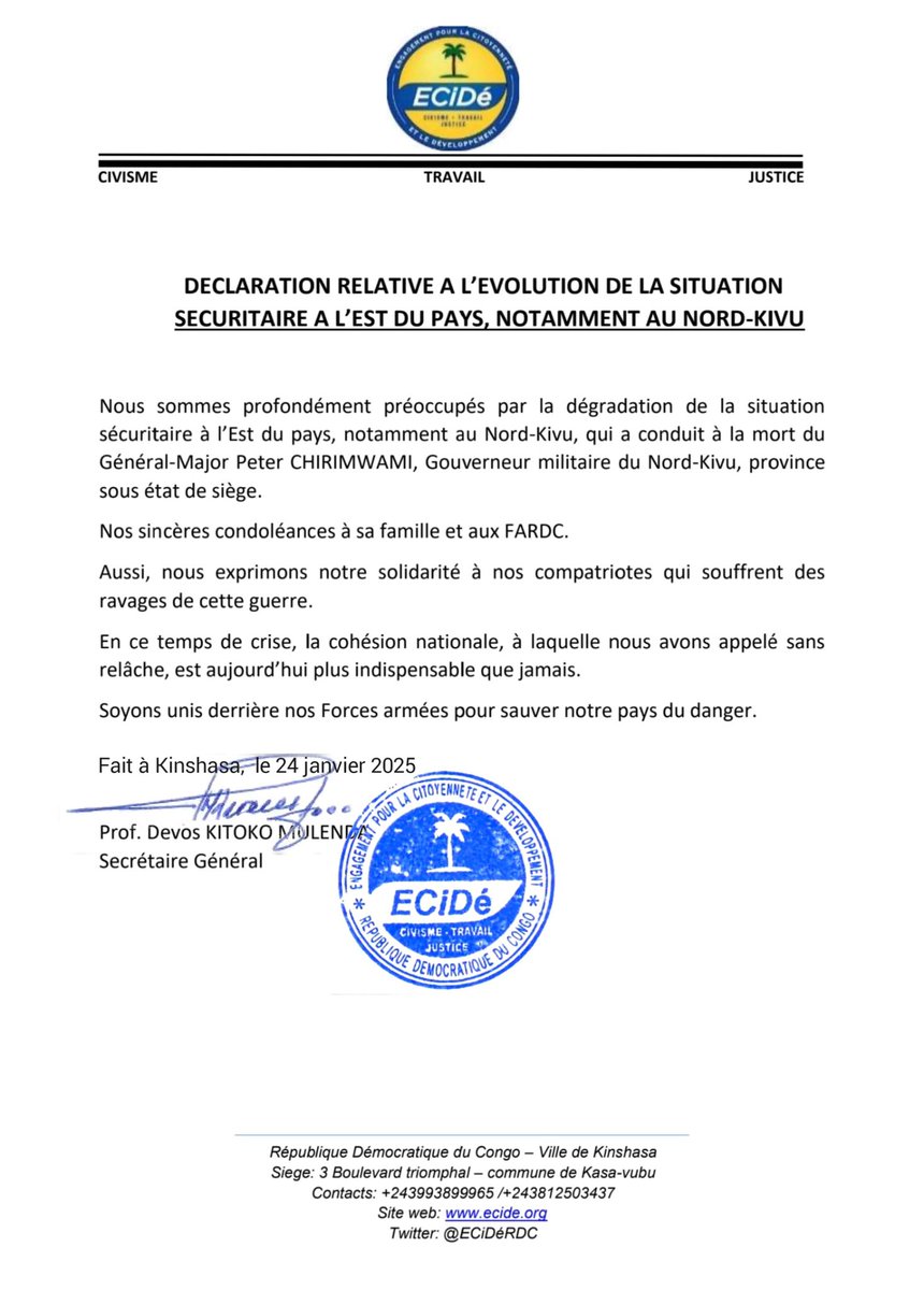#RDC #ECiDé

Déclaration relative à l’évolution de la situation sécuritaire à l’Est du pays.