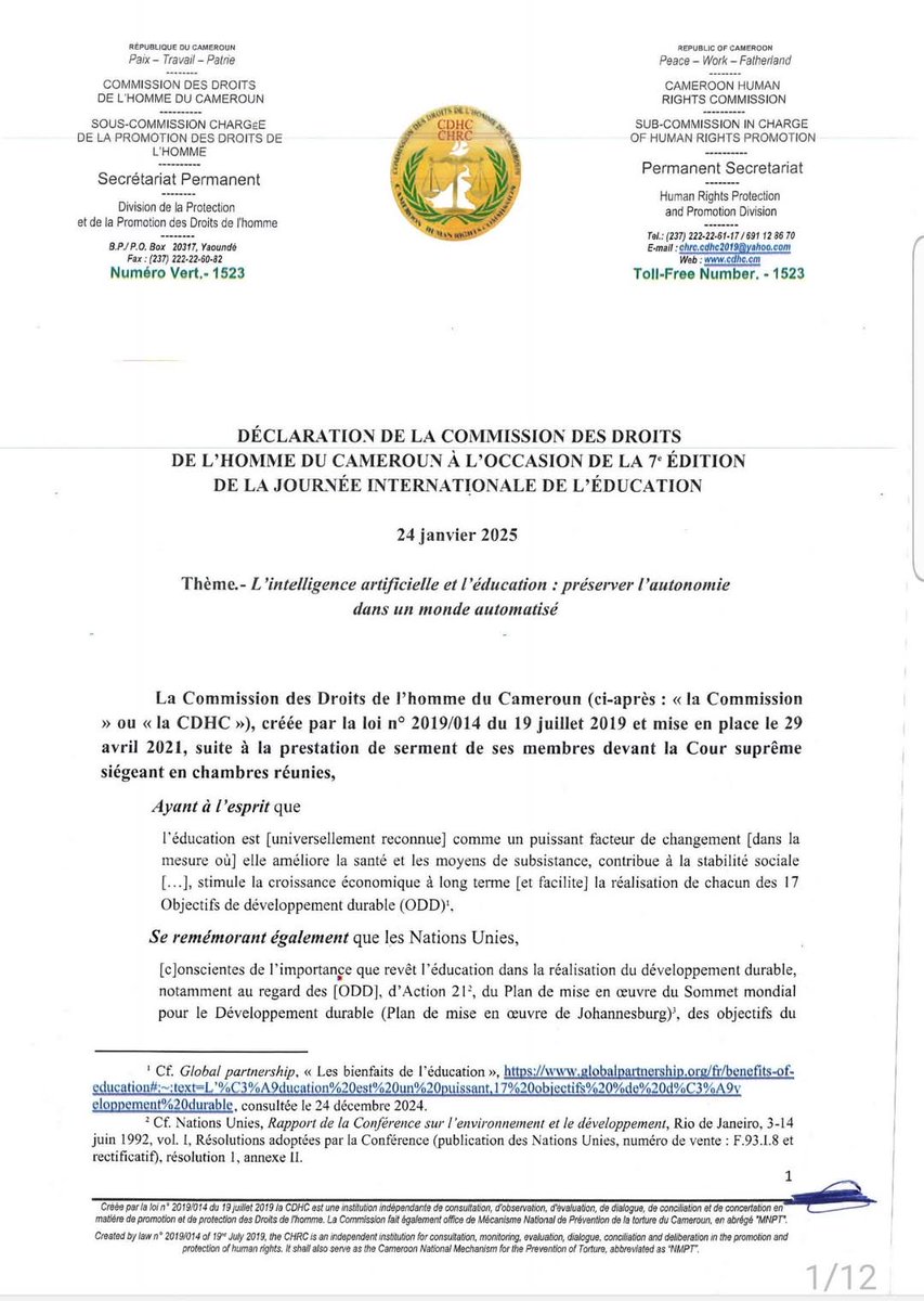 chrc_cdhc's tweet photo. DÉCLARATION DE LA CDHC À L'OCCASION DE LA 7e  ÉDITION DE LA JOURNÉE INTERNATIONALE DE L’ÉDUCATION

                24 janvier 2025
Thème. L’intelligence artificielle et l’éducation: préserver l’autonomie dans un monde automatisé.

#CDHC
#CHRC
Toll free number 1523 Numéro vert
1/3 https://t.co/uHbfbM5DuM