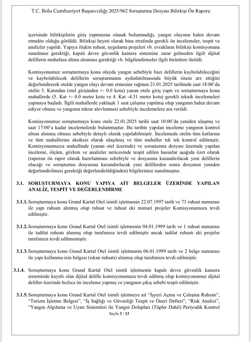 fatihaltayli's tweet photo. 79 kişinin ölümü ile sonuçlanan Grand Kartal Otel yangınının ön bilirkişi raporu facianın göz göre göre geldiğini ortaya koyuyor. Tabii yetki ve sorumluluğun kimde olduğunu da. Bilirkişi veya rapor değişmeden paylaşayım.  13 sayfalık raporun ilk bölümü https://t.co/esSMTWO8cD