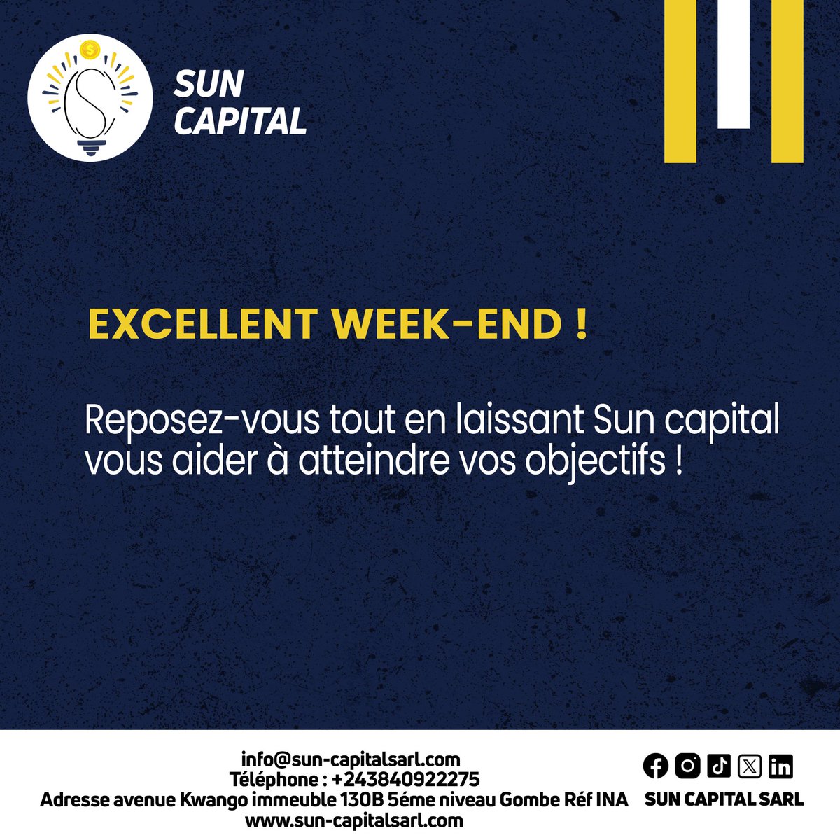 suncapitalsarl's tweet photo. Détendez-vous ce weekend tout en gardant un œil sur vos objectifs de croissance. Ensemble, atteignons de nouveaux sommets dès lundi ! 💪 https://t.co/elYM7FBMVY