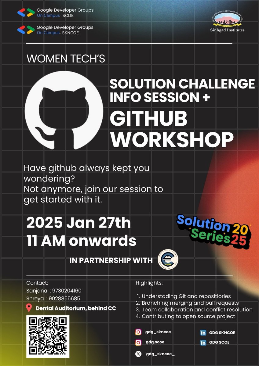 gdg_skncoe's tweet photo. 💻 GitHub demystified! 
Join Women Tech’s Solution Challenge Info Session + GitHub Workshop 🛠️  

📅 When:Jan 27, 2025 
  11 AM Onwards  
📍 Where:Dental Auditorium, Sinhgad Institutes  

🔹 Understand Git &amp; repos  
🔹 Master branching &amp; pull requests  
🔹 Collaborate like a pro https://t.co/NNSG6QZK19