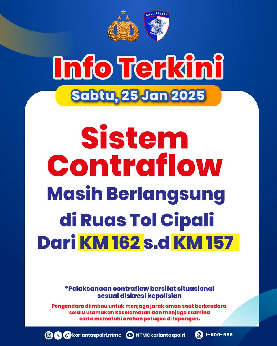 NTMCLantasPolri's tweet photo. Sistem Contraflow Masih berlangsung, Di ruas Tol Cipali, Dari KM 162 - KM 157.

#NTMCKorlantasPolri
#KorlantasPolri
#PolantasHadirUntukNegeri
#Polantas
#LaluLintas
#infolalulintas 
#lalulintas 
#liburimlek
#liburpanjang
#contraflow https://t.co/zk6spbZTTG