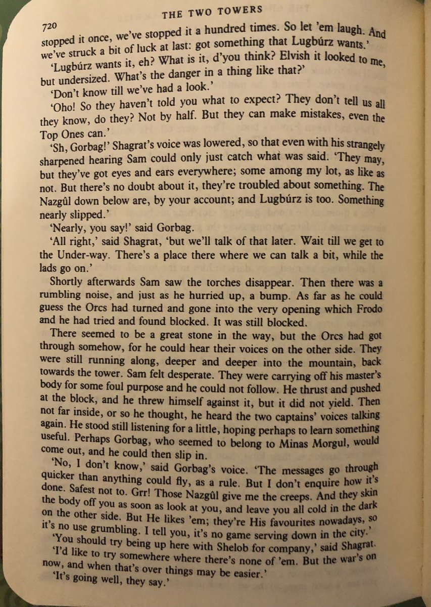 moonlarking's tweet image. Rereading this chapter for no particular reason. How silly of Tolkien to have included it! Doesn’t he know that orcs are mindless cannon fodder chaos demons? They don’t joke or have camaraderie or follow orders or make judgements or dream about a better life!