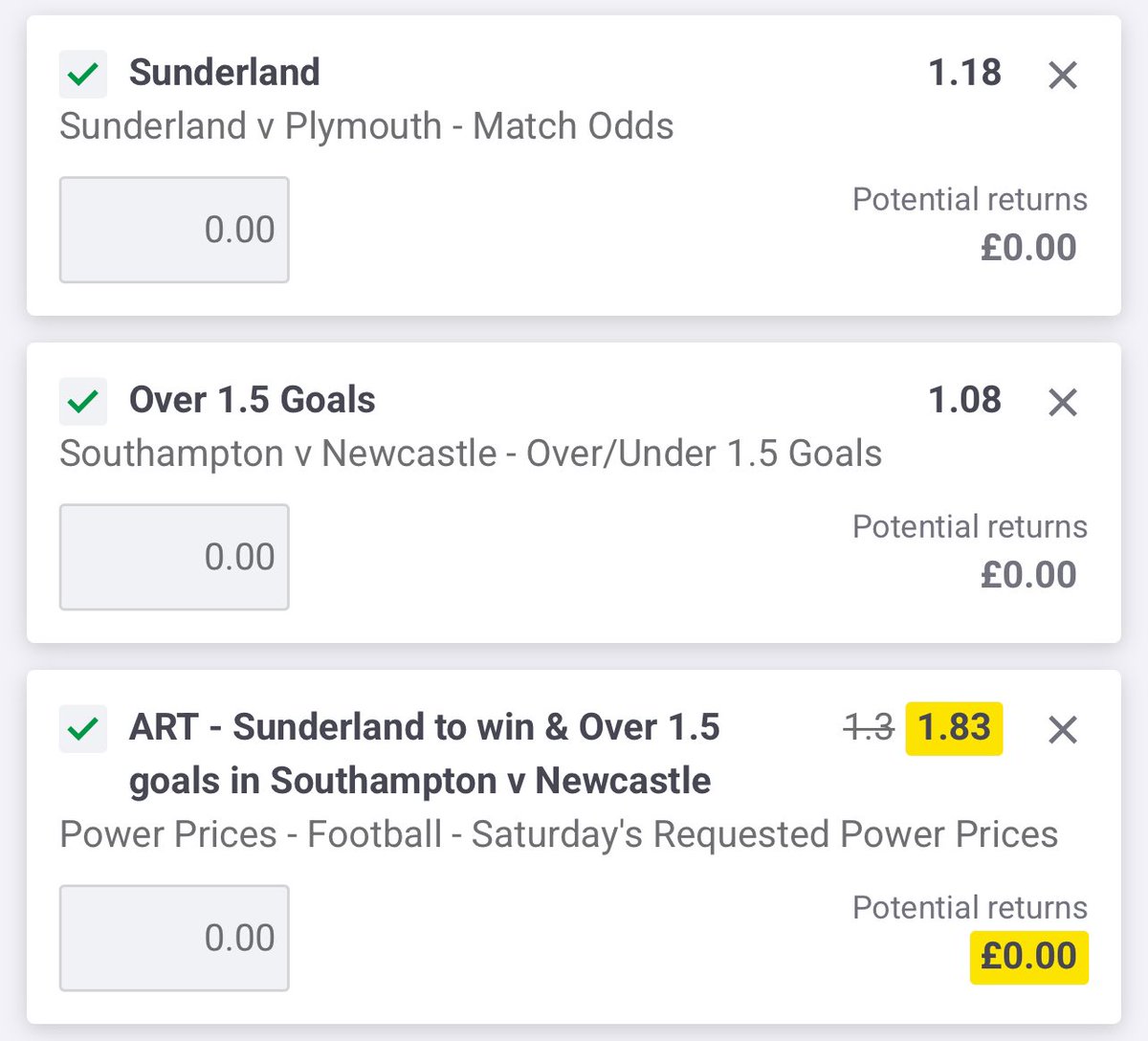 Oooft, the original double is now 1.28 on site.

Load boosted odds: bit.ly/Bet-1-500-Train

• Sunderland unbeaten at home, Plymouth winless away.

• 2+ goals landed in Newcastle’s last 12, Southampton conceding 2.70 goals at home.

18+, gamble responsibly. Ad.