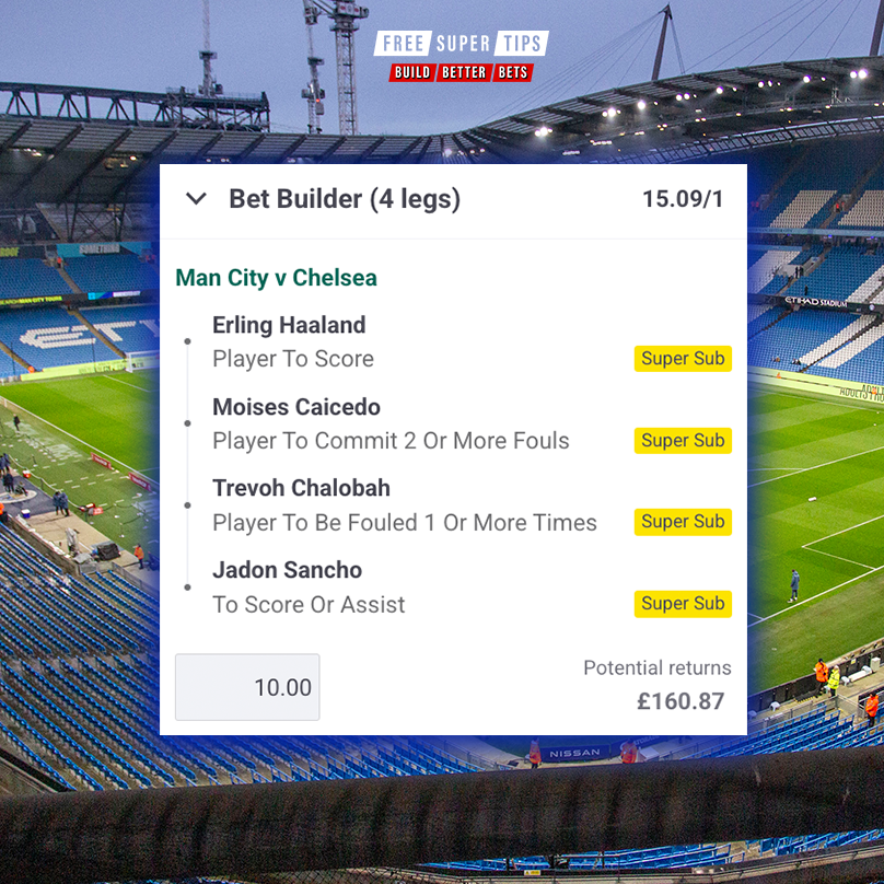 🚨 COMPETITION TIME! 🚨

We've put together a tasty little bet builder for the Man City vs Chelsea game! 😍

If our Bet Builder lands, we'll give £160.87 in CASH to ONE person! 💰

To enter ⤵️
🔁 Retweet this tweet
✅ Follow - <a href="/FootySuperTips/">Free Super Tips</a>
🤝 Tag a friend

18+ #GambleAware