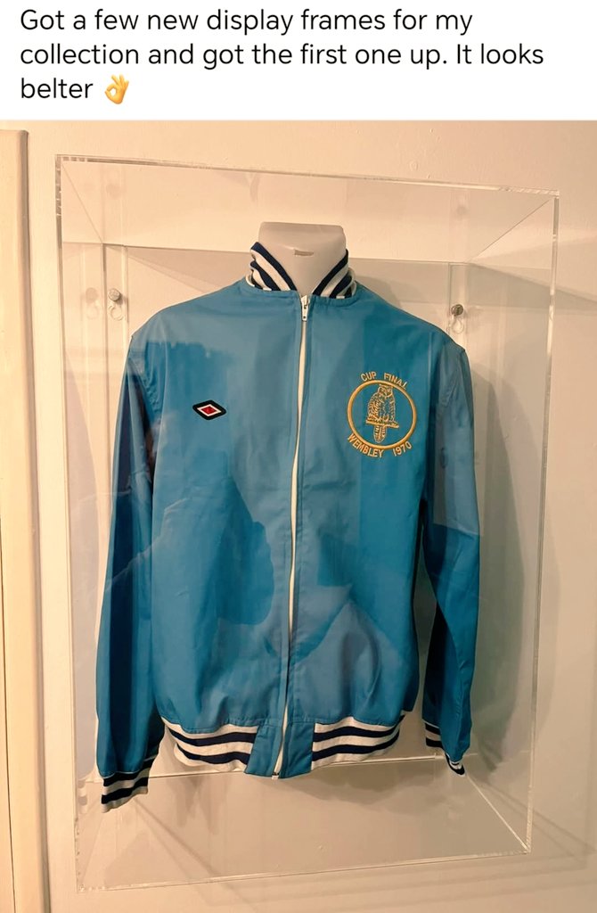 ShirtPremier's tweet photo. Thanks for the business Daniel. 

 A super first top to display 😍  - Paul Madeleys walk out jacket from the 1970 FA Cup Final  💙💛 https://t.co/tNQ41HlvS8