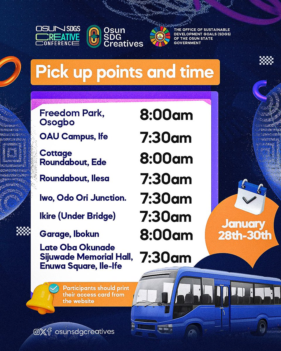 osunsdgcreative's tweet photo. Dear Participants to the Osun SDG Creative Conference, kindly take note of the following locations and time of take off of our buses, provided to convey you to the venue of the conference at Iragbiji. 

Freedom park 8:00am
OAU 7:30am
Ede: 8:00am
Ilesa 7:30am
Iwo 7:30am
Ikire 7:30am
Ibokun 8:00am
Ife 7:30am

Don’t forget to secure your spot at https://t.co/uMhB3ZRq7B and download your access cards. 

We are officially 3 days away from making history, together!!!

#osunsdgcreatives