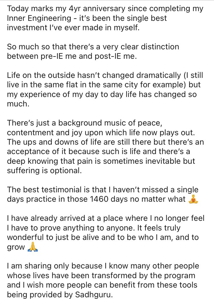 4 years ago today I completed #InnerEngineering and was initiated into Shambavi Mahamudra Kriya 🧘‍♂️ 

Life hasn’t been the same since… <a href="/SadhguruJV/">Sadhguru</a> <a href="/ishafoundation/">Isha Foundation</a> I will be forever grateful 🙏