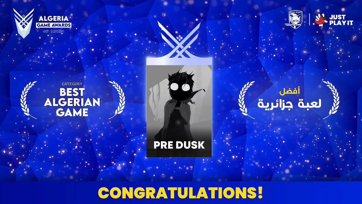 Its an honor to win the best Algerian game for 2024 😄 🎉

Thanks for everyone who voted and for all the members of <a href="/JustPlayIt_/">Just Play it</a> 

Again special thanks for everyone who played the game Pre Dusk

#Gameawards #gamedev #indiegame #AlgerianGameAwards