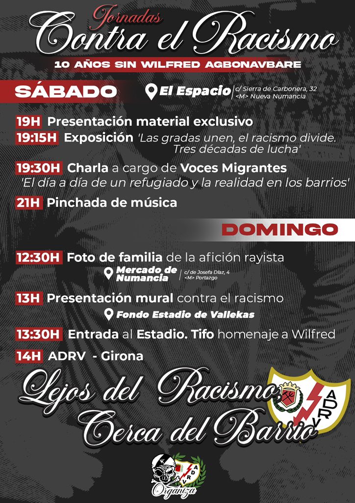 Hoy comienzan las Jornadas contra el Racismo en El Espacio (c/Sierra Carbonera, 32).

🔴 19h - Presentación de material exclusivo
⚪️ 19:15h - Exposición
🔴 19:30h - Charla “El día a día de un refugiado y la realidad en los barrios”
⚪️ 21h - Pinchada de Reggae