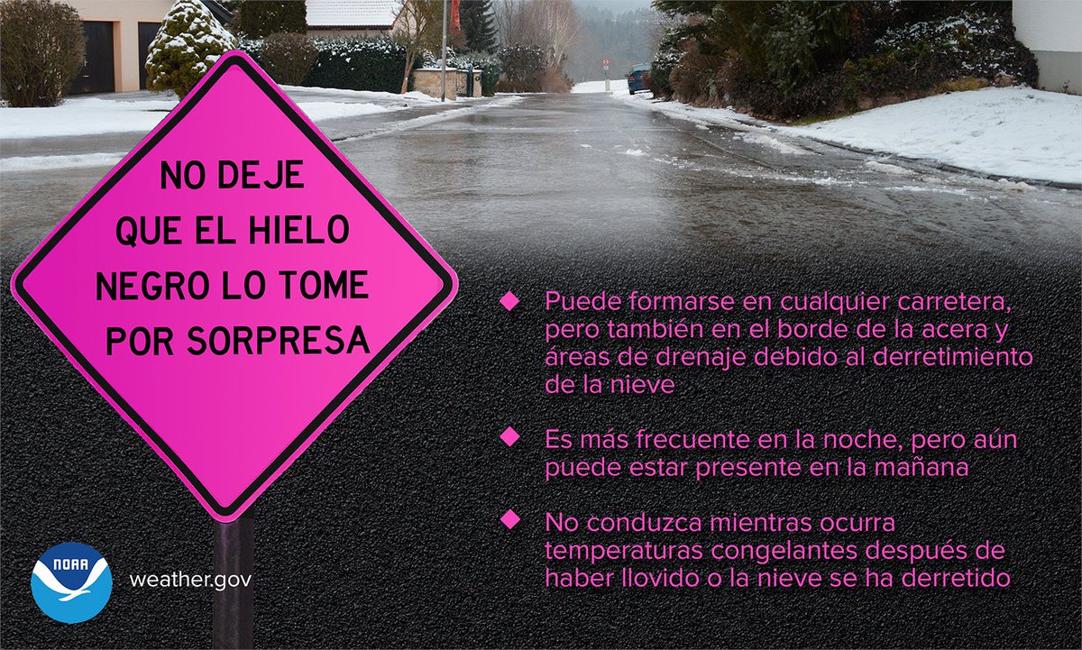 ¡No dejes que te sorprenda el hielo fino en la carretera! Cuando se mezclan temperaturas heladas con lluvia reciente o nieve derretida, se puede crear una capa fina de hielo (o hielo negro) - y podría ser casi invisible.
weather.gov/safety/winter