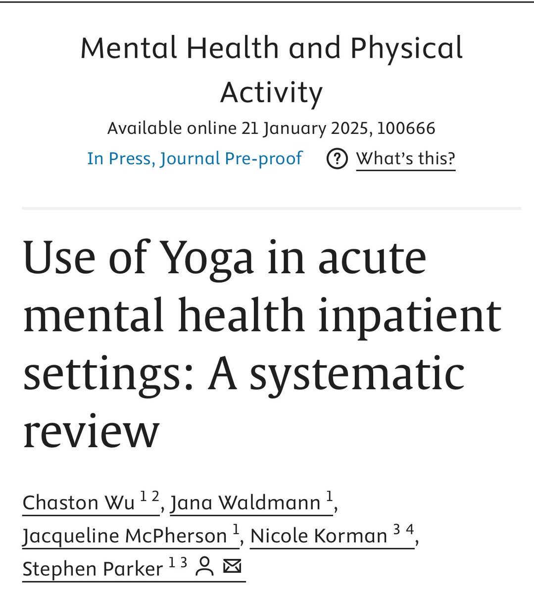 Our latest review of yoga in acute mental health settings found it feasible, acceptable, few adverse events, positive qualitative experiences and reductions in anxiety. Limitations include poor quality studies which shld follow standardised reporting. dx.doi.org/10.1016/j.mhpa…