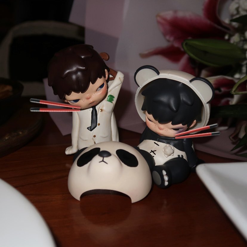 dinner w these cuties, my gf’s misfit and my doll panda tgt 🤭