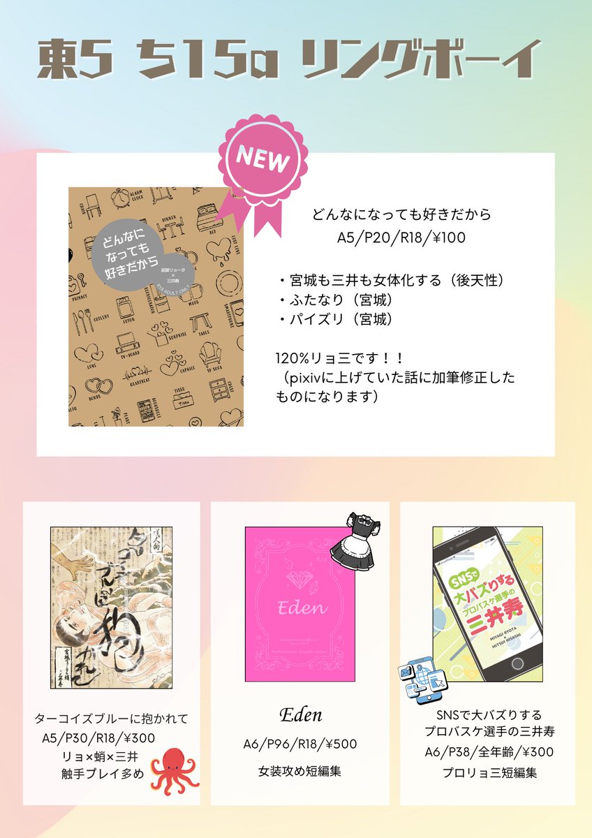 1/26  東5 ち15aリングボーイ

「どんなになっても好きだから」
A5/P20/¥100/R18

pixiv.net/novel/show.php…
リョ三が二人とも後天性女体化！pixivに上げていた話に加筆修正したものになります〜イベントのみ頒布です

#0126リョ密新刊