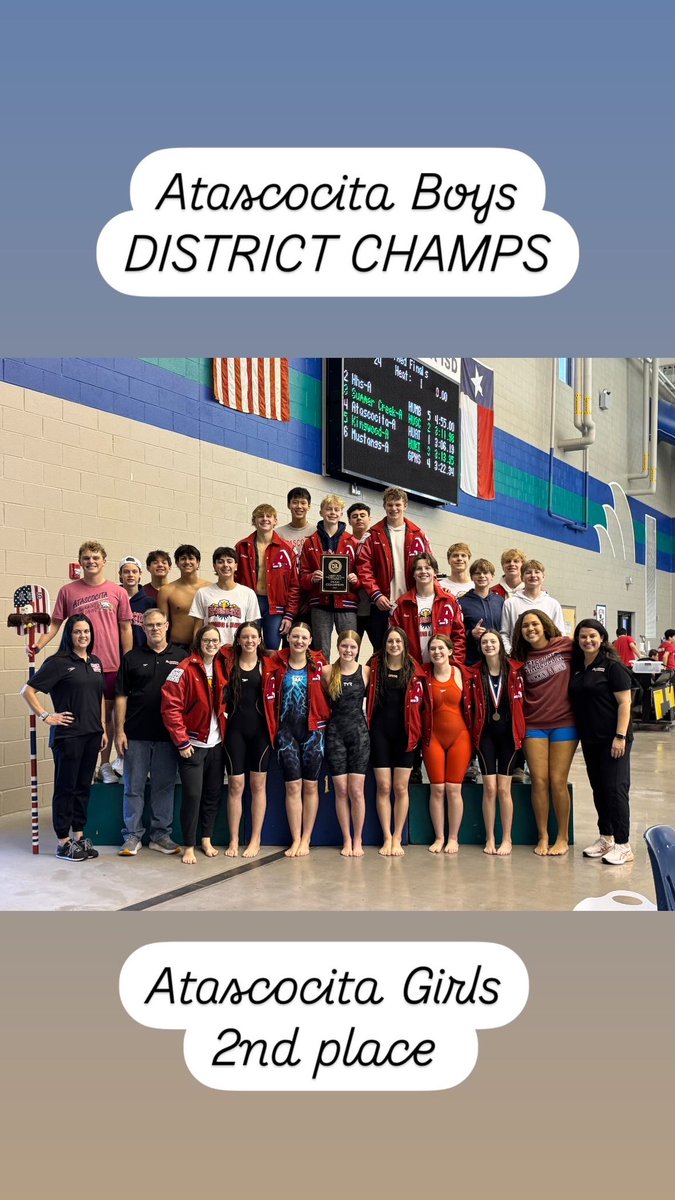 District Swimming Results:
Boys Swim Team - District Champs
Girls Swim Team - 2nd Place
<a href="/HumbleISD_Ath/">Humble ISD Athletics</a> <a href="/HumbleISD_AHS/">The Atascocita HS</a>