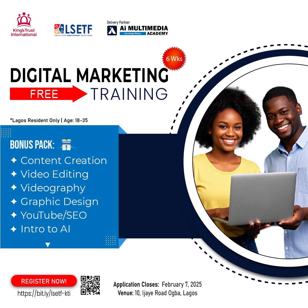 aimultimediaNG's tweet photo. 🚀 Unlock Career Opportunities with Free 6-week Digital Marketing &amp; Content Creation Training to acquire in-demand skills!

📅 Application Closes: Feb 7, 2025
📞 Contact: 09068784503
👉 Register Link: https://t.co/gKbVyADy91
#DigitalMarketing #contentCreation https://t.co/6stFPDThaT